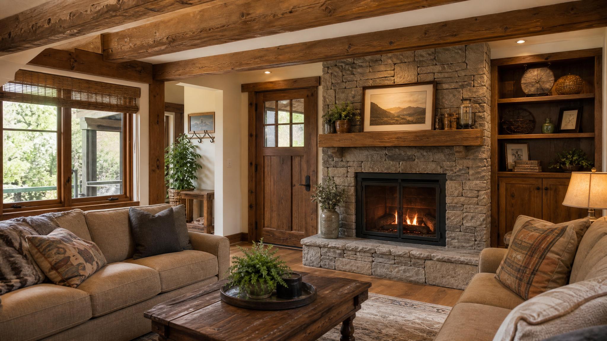 An example of a rustic small living room layout featuring wooden beams and a stone fireplace.