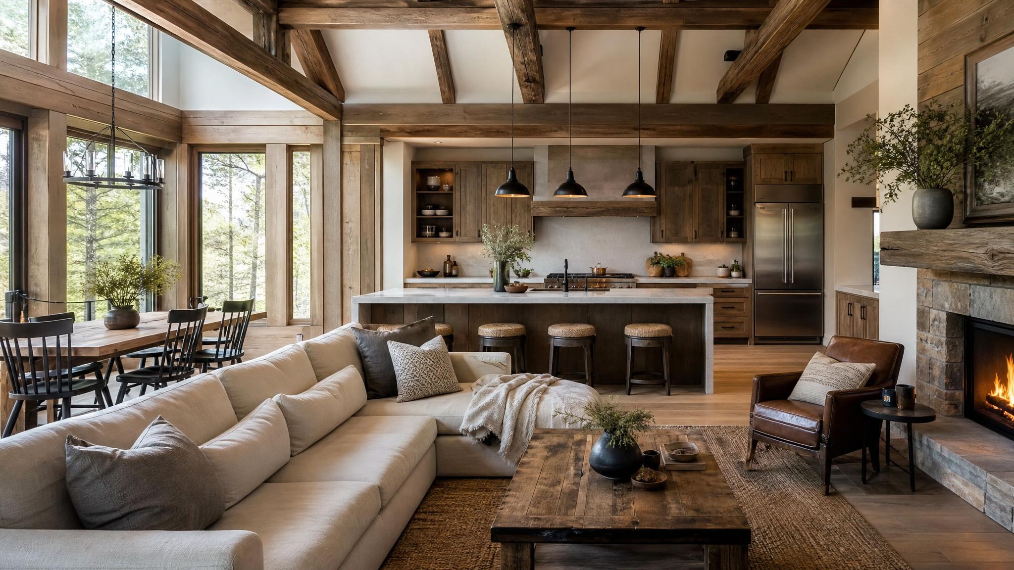 A layout showcasing an open concept rustic living room integrated with the kitchen.