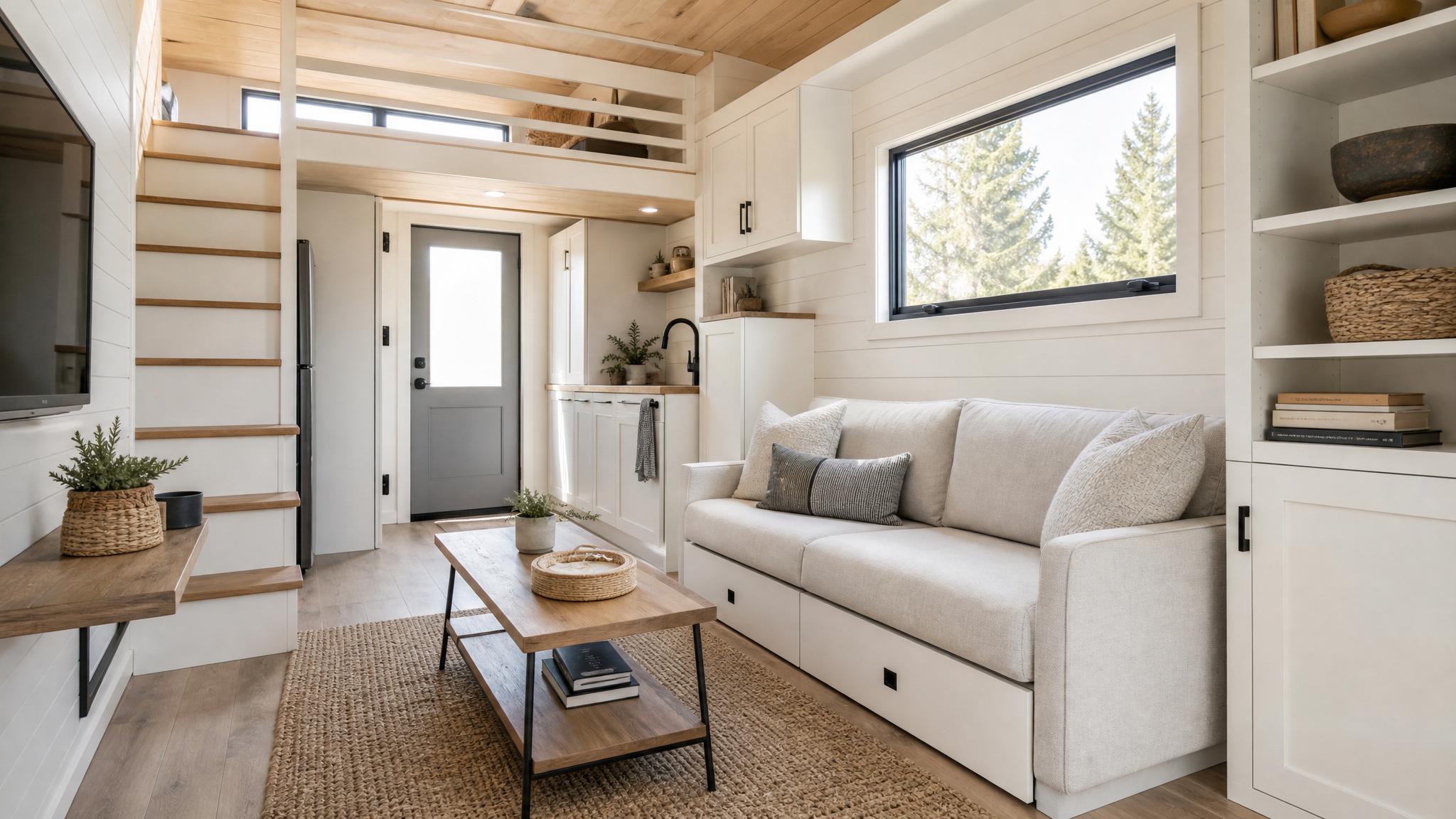 A minimalist small living room in a tiny home with neutral colors and smart storage solutions.