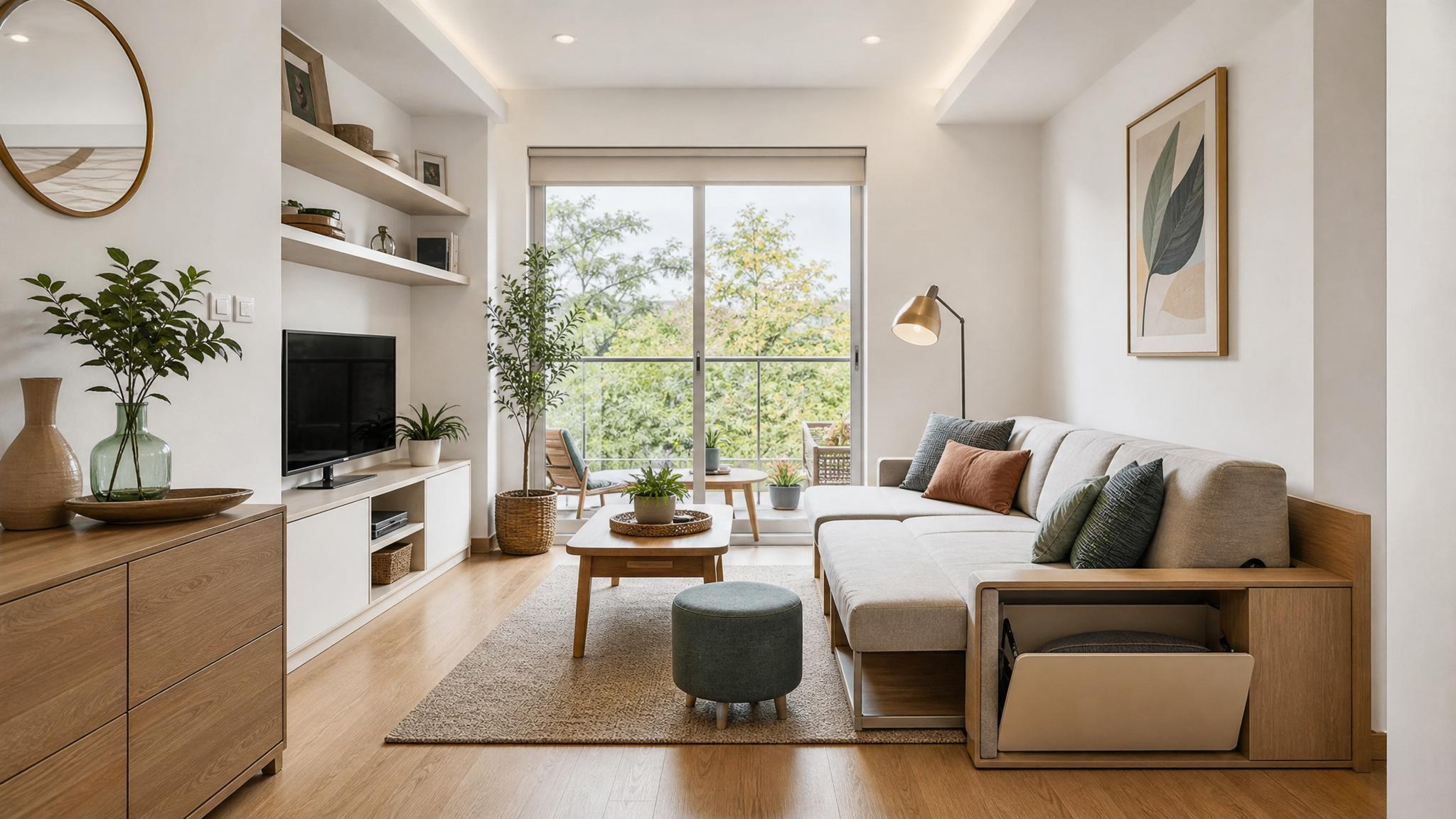 A small living room styled with multi-functional furniture and minimal decor.