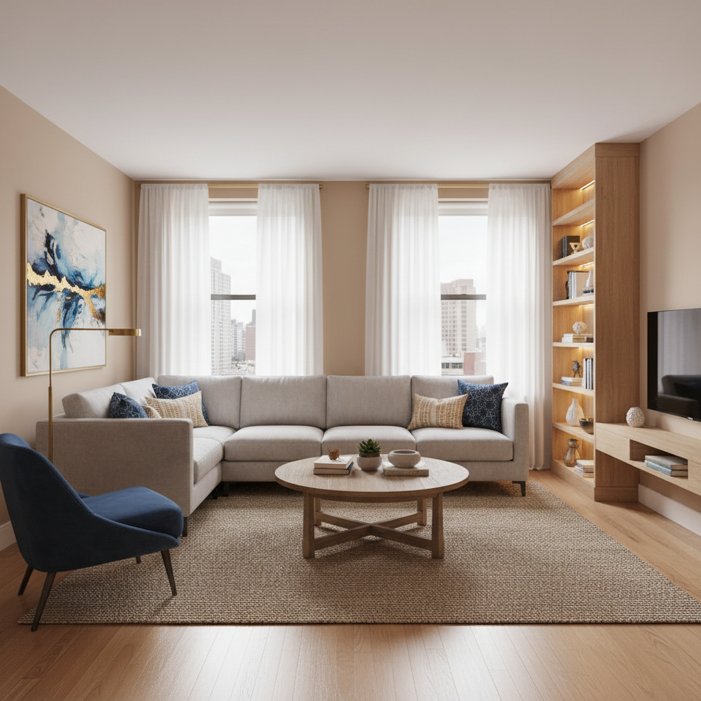An example of a beautifully virtually staged living room in an Airbnb.