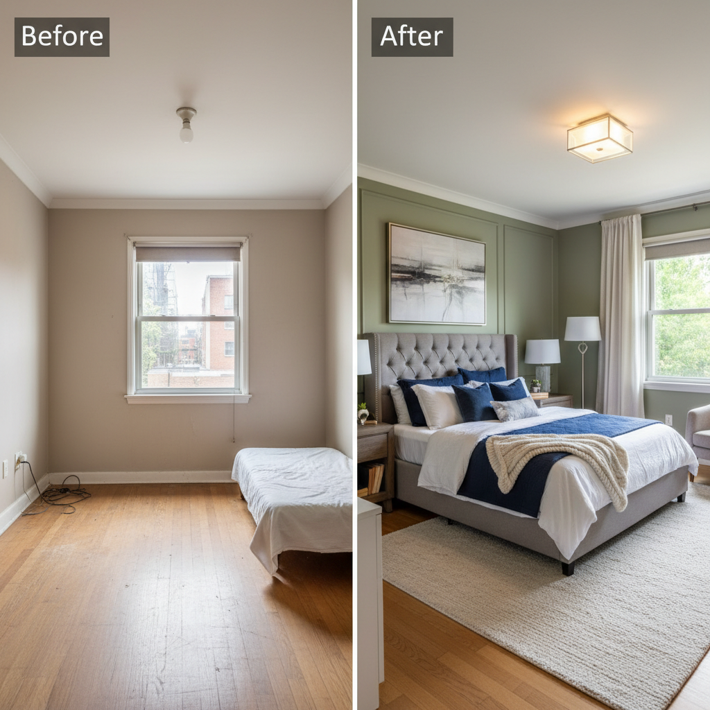 Before and after of a bedroom virtually staged.