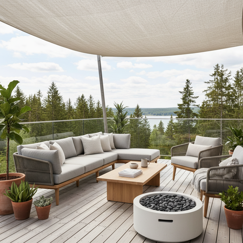 A beautifully designed Nordic terrace with minimalist furniture and natural elements.