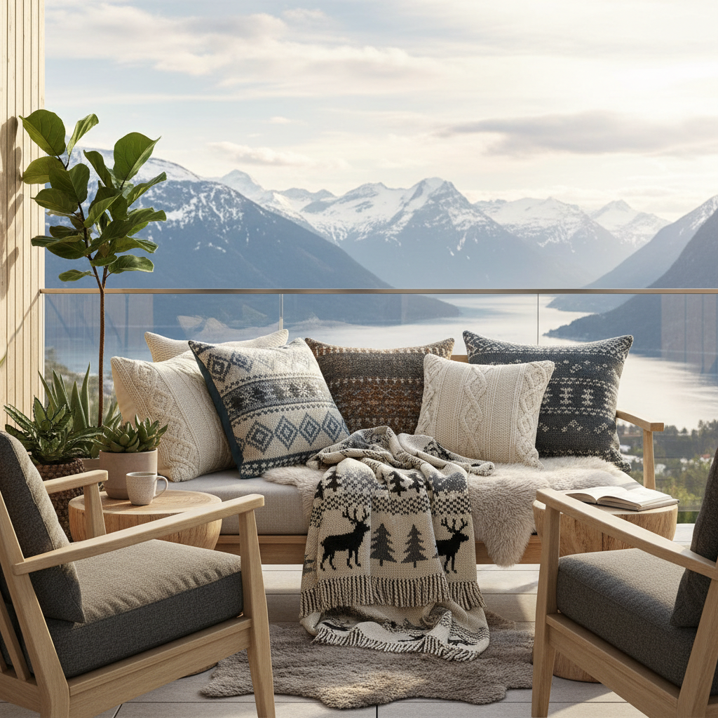 Cozy textiles on a Nordic terrace, including cushions and an outdoor blanket.