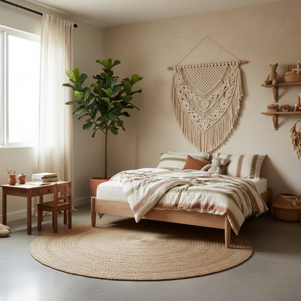 Example of natural materials and colors in a California modern kids bedroom.