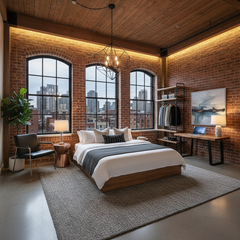 A stylish urban loft bedroom showing a mix of industrial and modern decor.