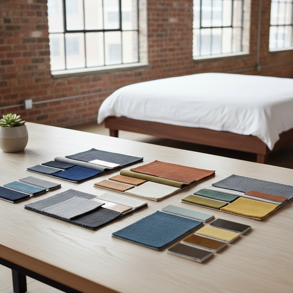 Collection of swatches showing different color combinations suitable for an urban loft guest bedroom.