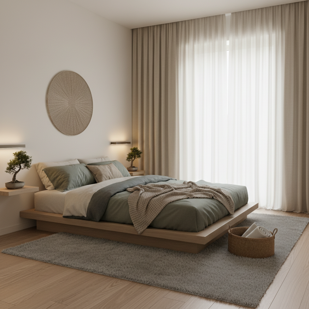 An example of a zen bedroom with soft colors and minimal decor.