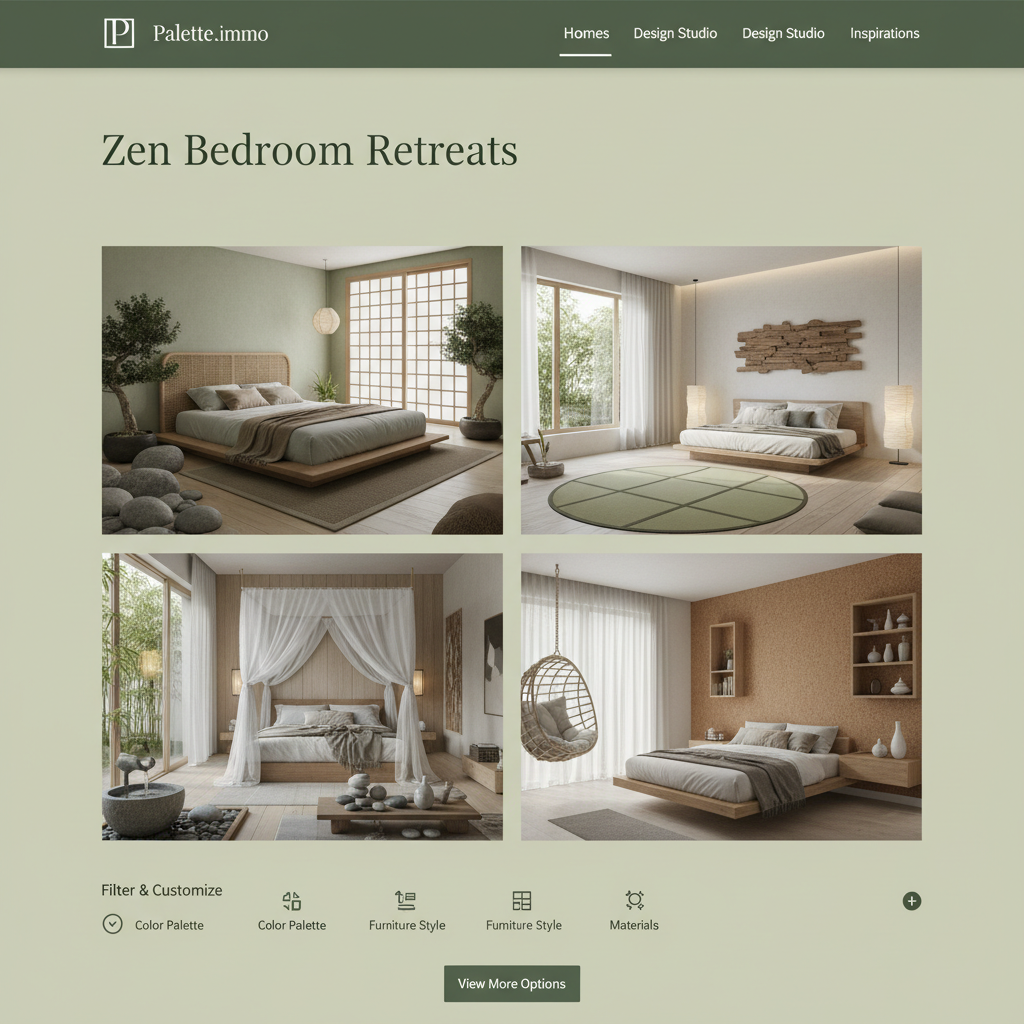 A screenshot of the Palette.immo interface showing zen bedroom options.