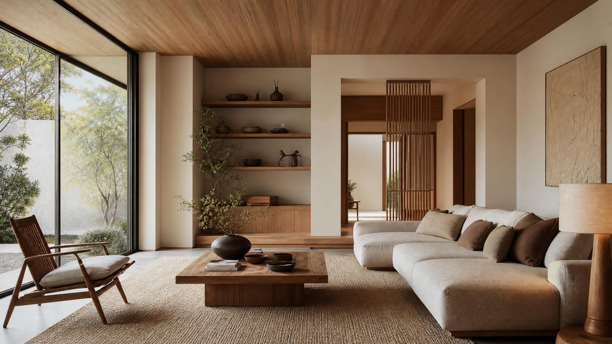 A beautifully designed Japandi living room showcasing minimal decor and natural materials
