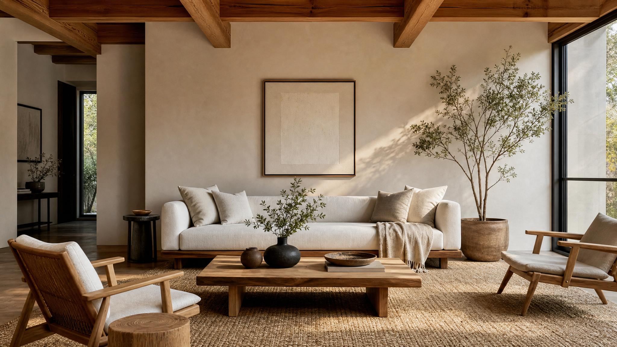 Natural materials like wood and linen in a Japandi living room setup