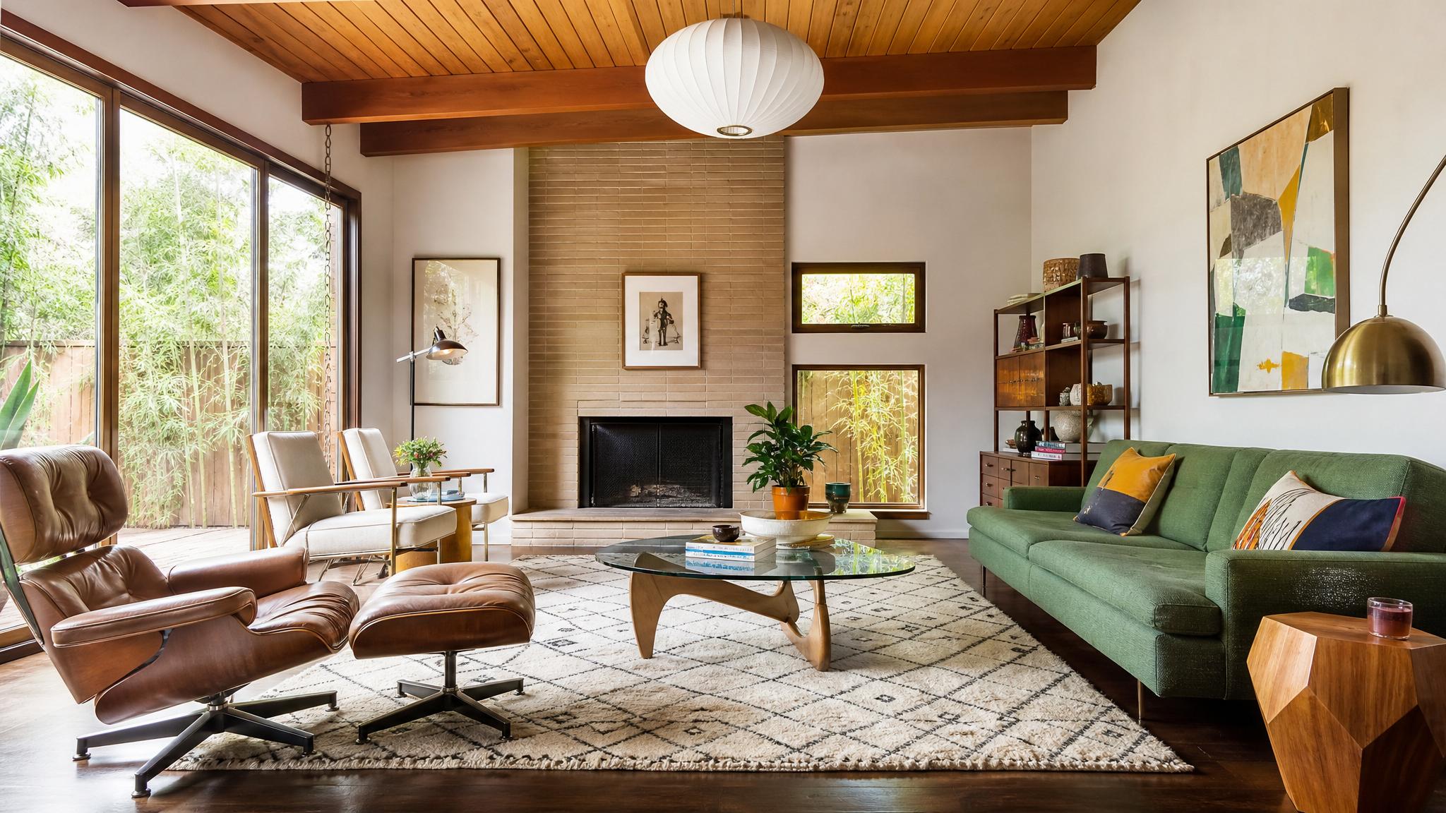 A stylish mid-century modern living room featuring a mix of wood, colorful accents, and iconic furniture.