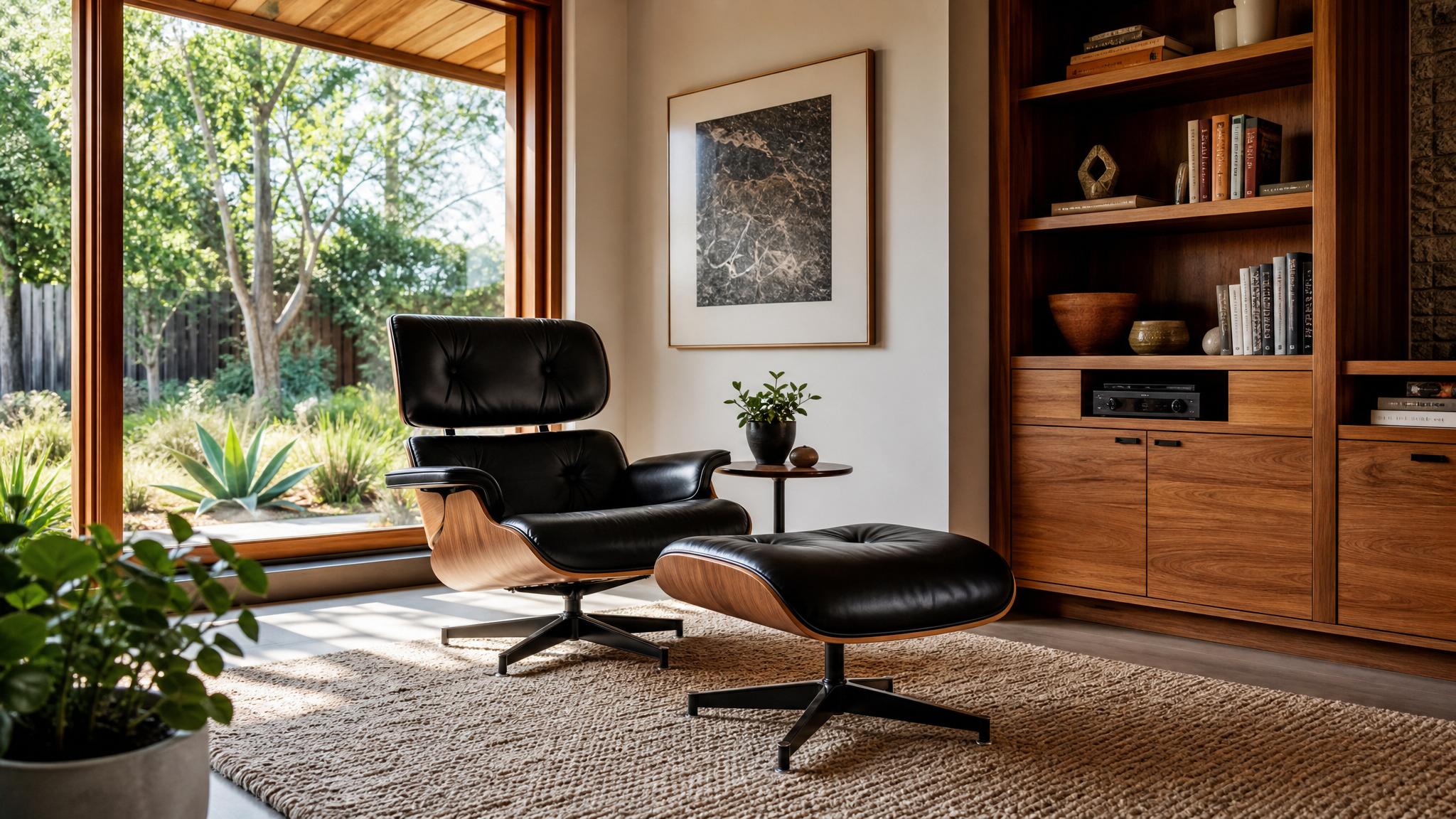 A cozy reading nook in a mid-century modern style with iconic furniture pieces.