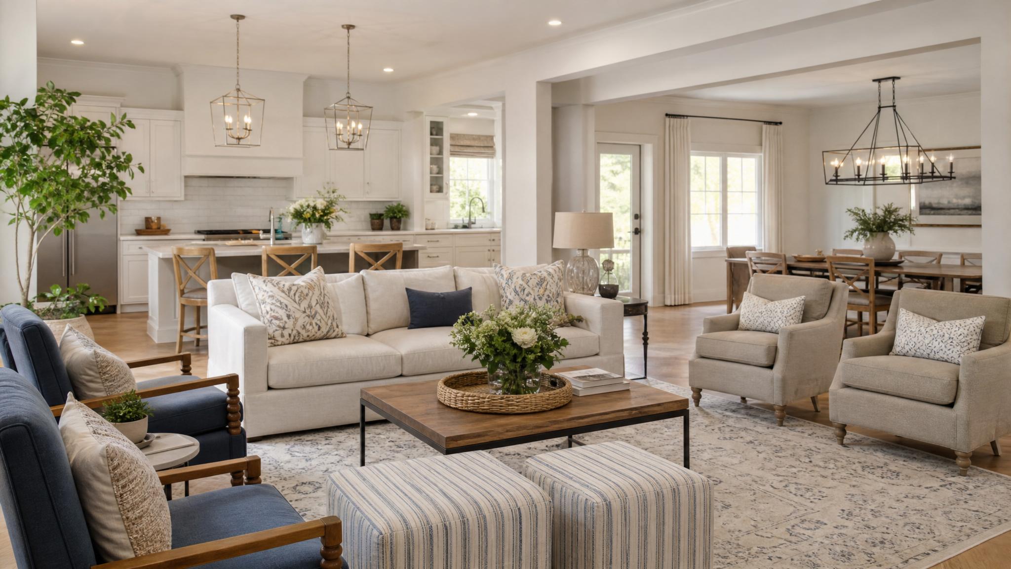 A beautifully arranged transitional open-plan living room, showcasing a mix of traditional and modern furniture.