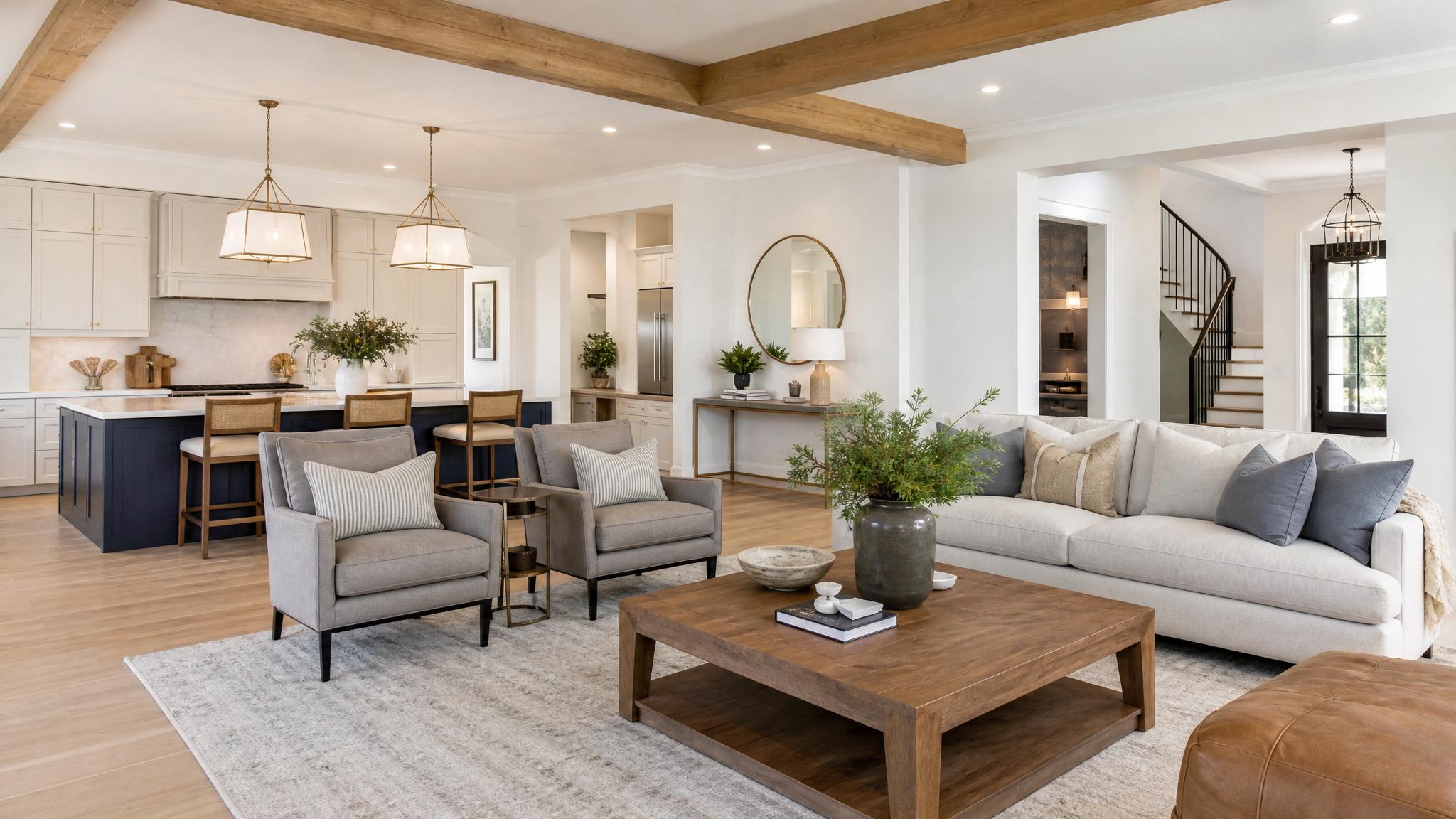 A transitional living room setup with open plan design, featuring blended decor styles for a photogenic appeal.