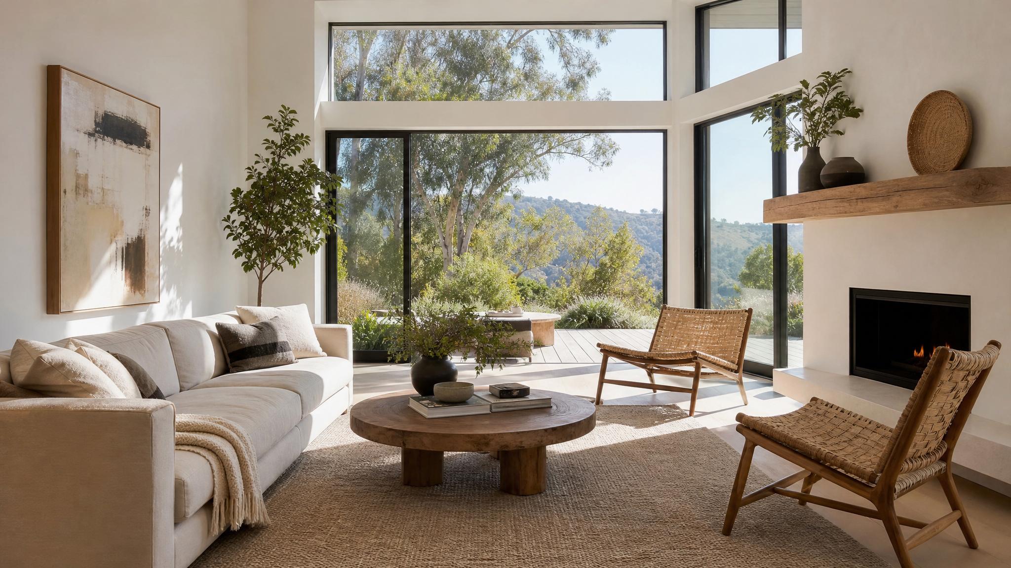 Show a California modern living room with large windows and natural light.