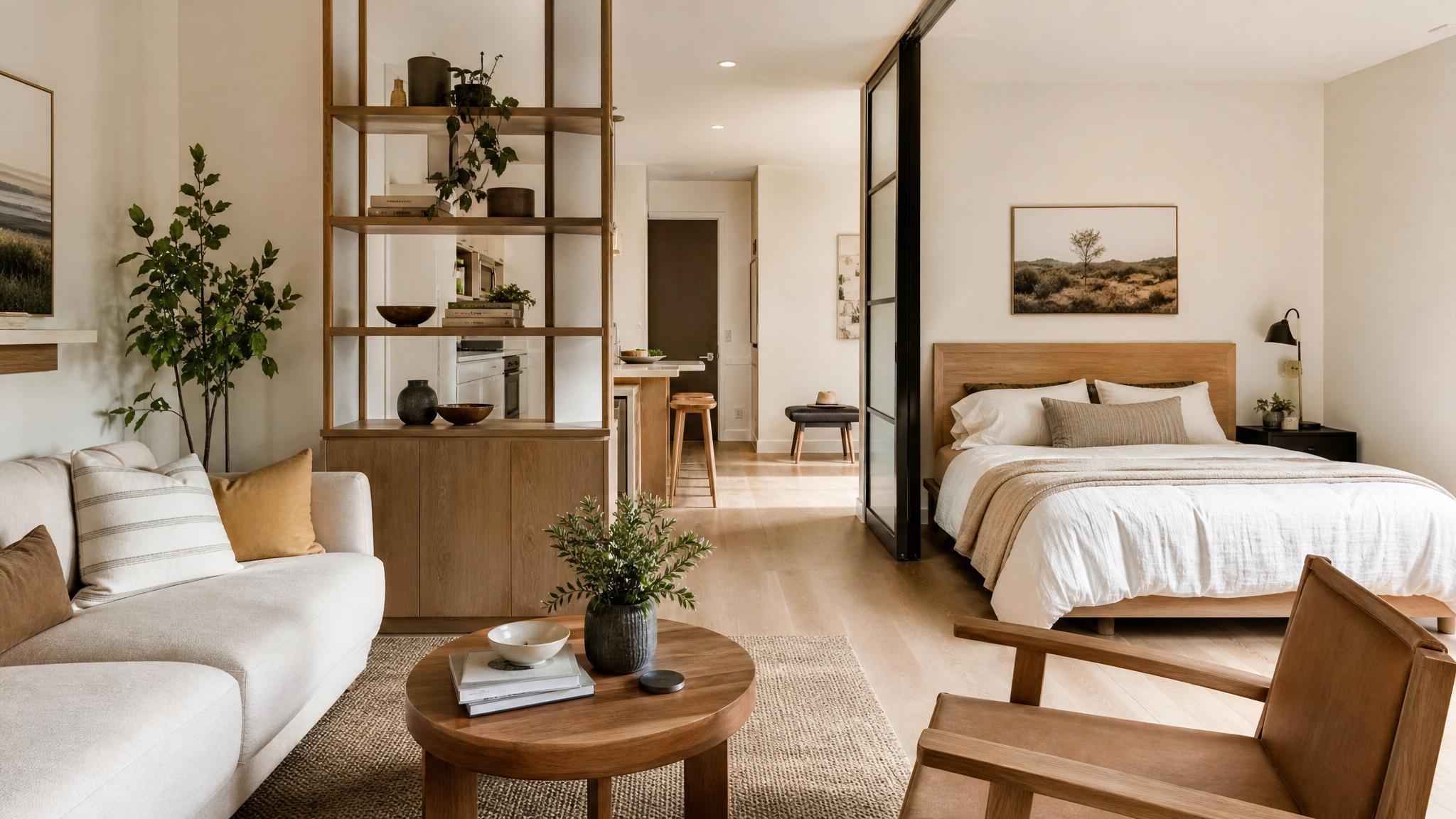 Illustration of an open-plan studio apartment with a defined space for living and sleeping.