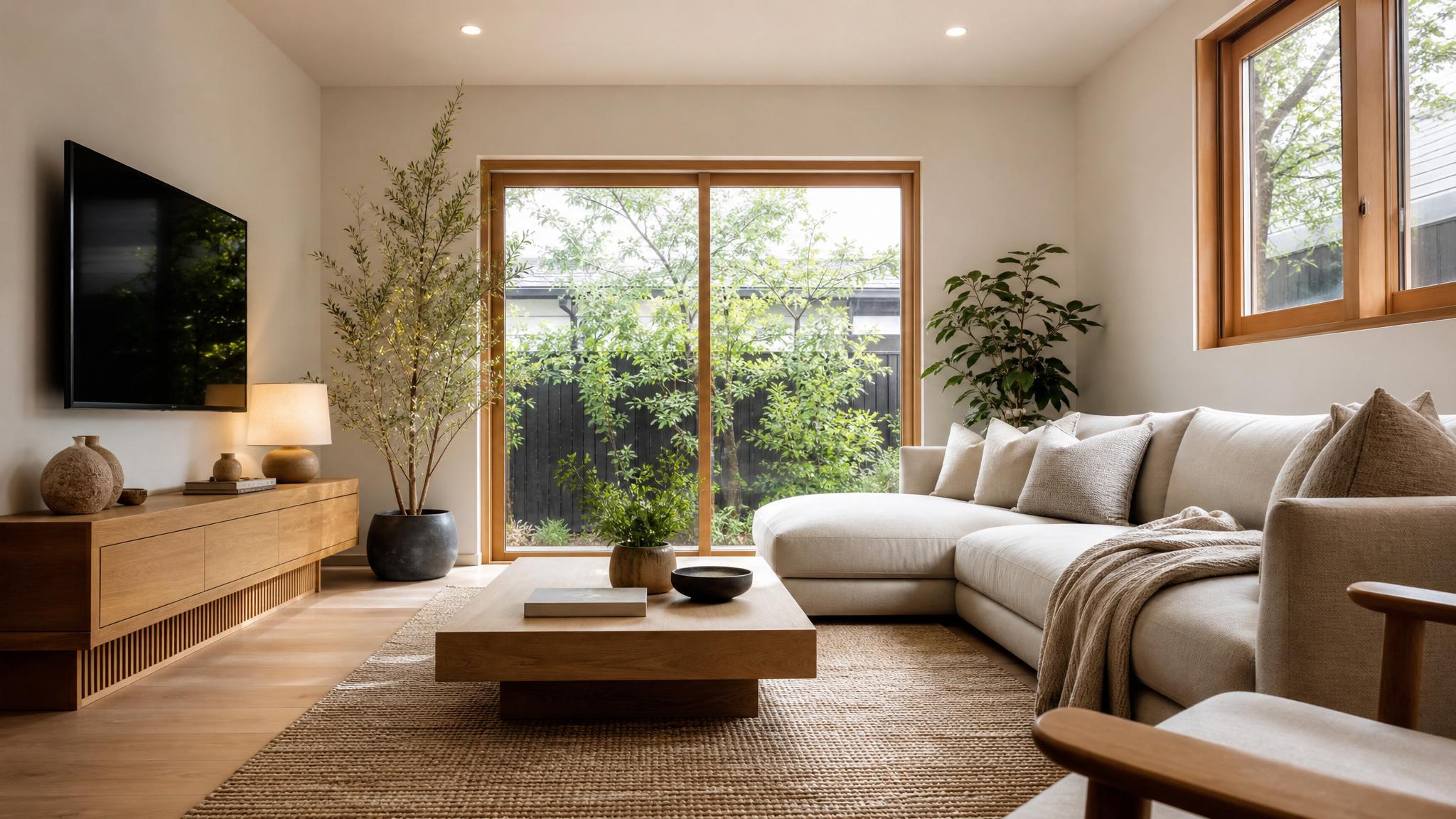 After image of the small living room in Japandi style