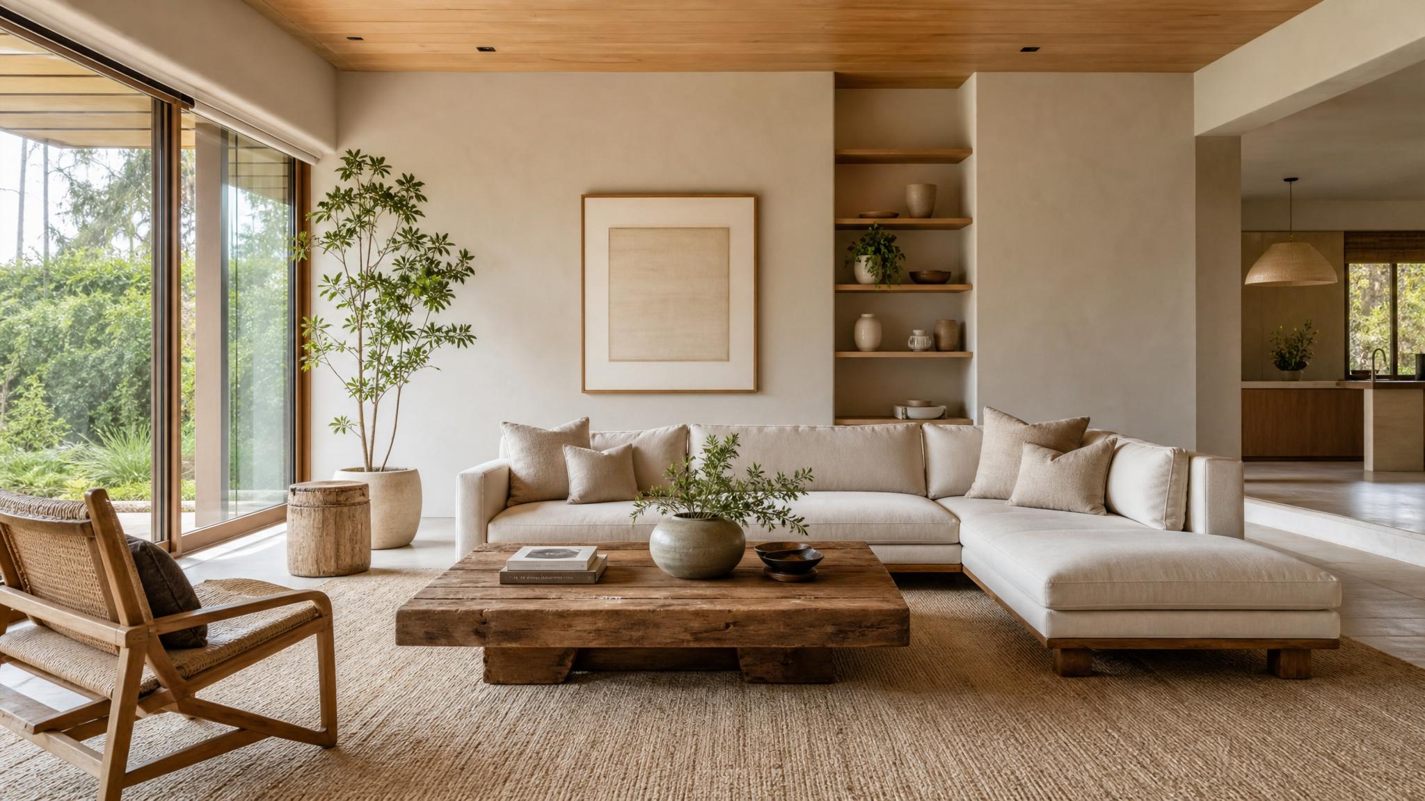 Zen style living room with natural materials and minimal decor