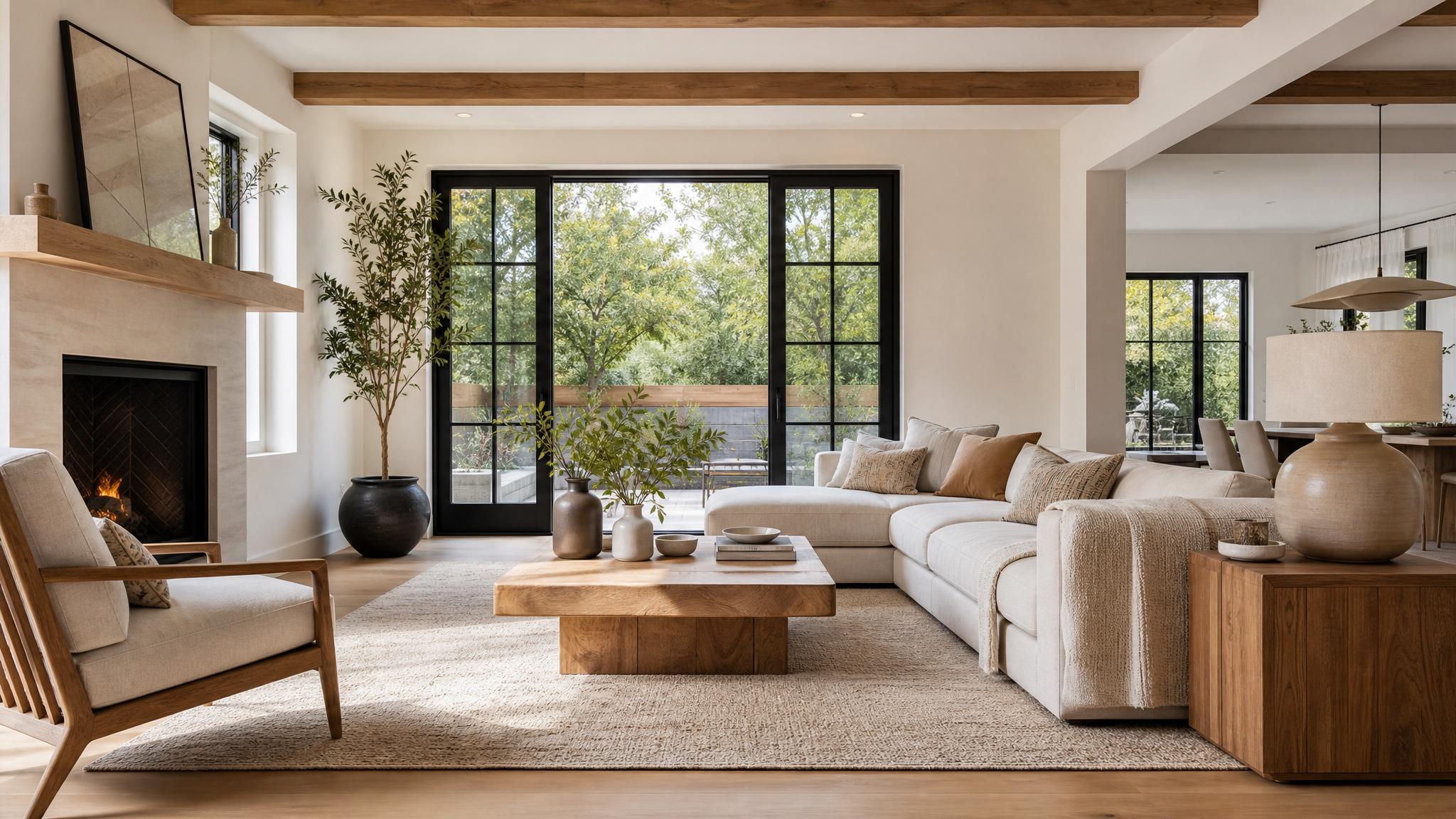 Decluttered living room with a focus on natural elements and furniture