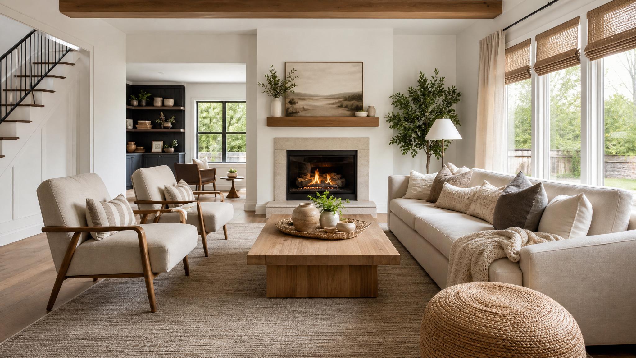 A beautifully staged living room showcasing a neutral color palette.