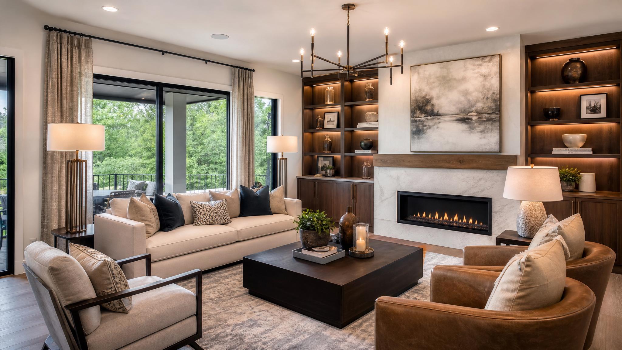 An elegant living room with modern lighting fixtures.