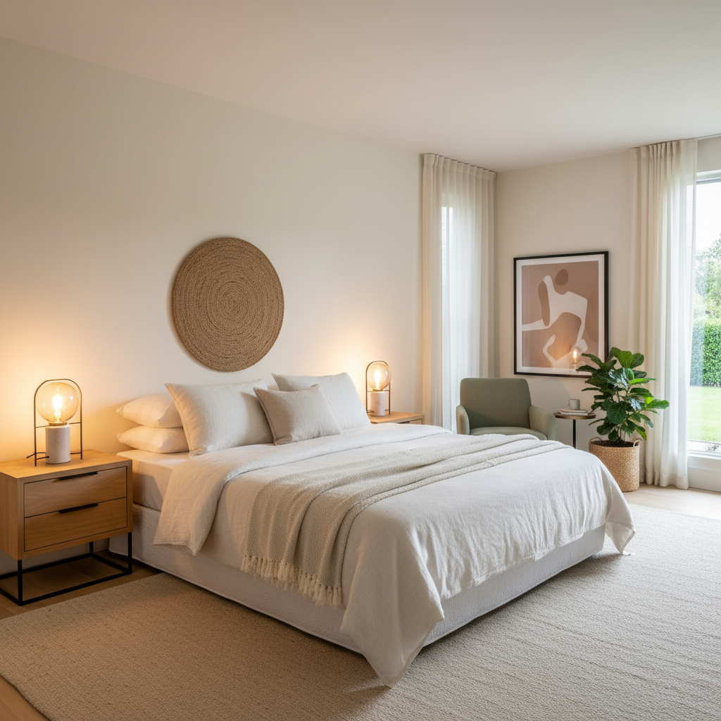 A beautifully staged master bedroom with warm lighting and minimal decor.