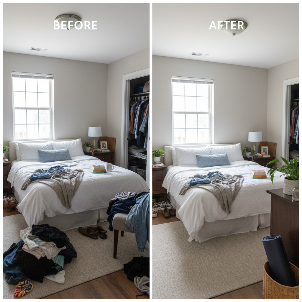 Before and after images of a master bedroom showing decluttering.