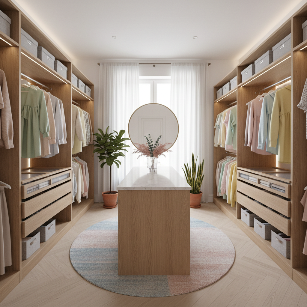 A beautifully designed Scandinavian walk-in closet with natural wood finishes and pastel colors
