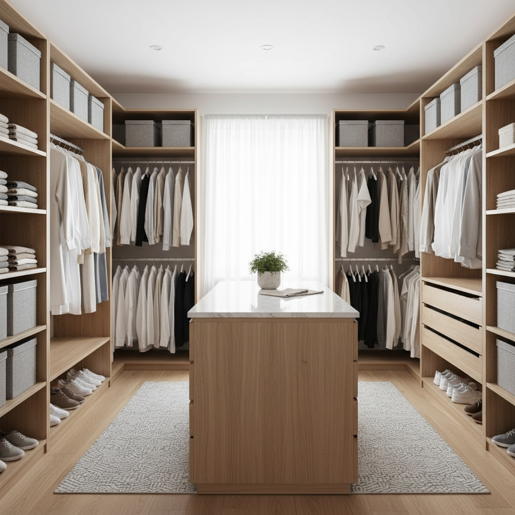 An organized closet space with minimalist hangers and open shelving, showcasing a clean Scandinavian style