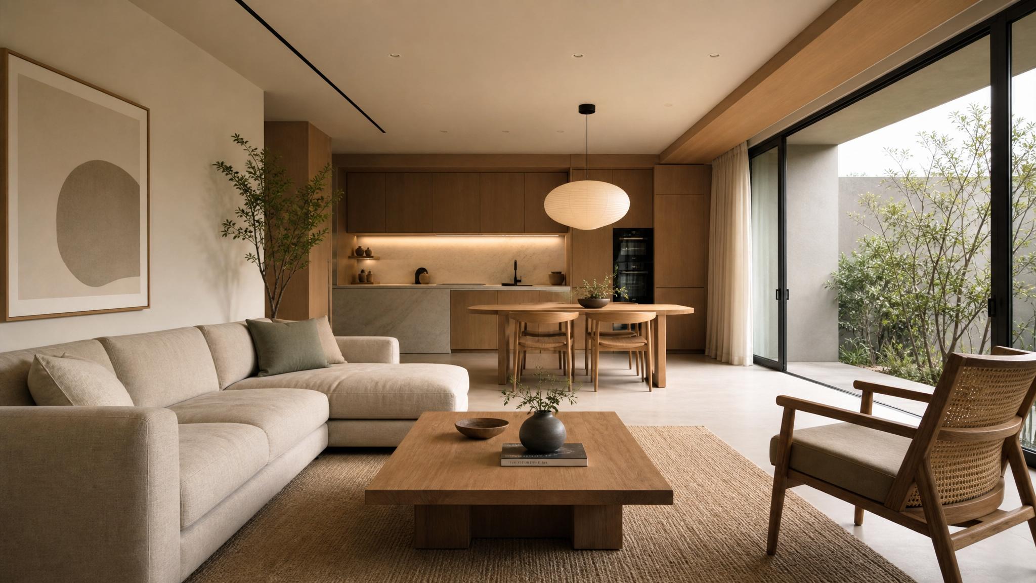 An open-plan living room showcasing Japandi style interior design