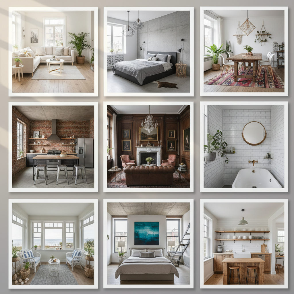 A collage of various staged townhouse designs representing different styles.