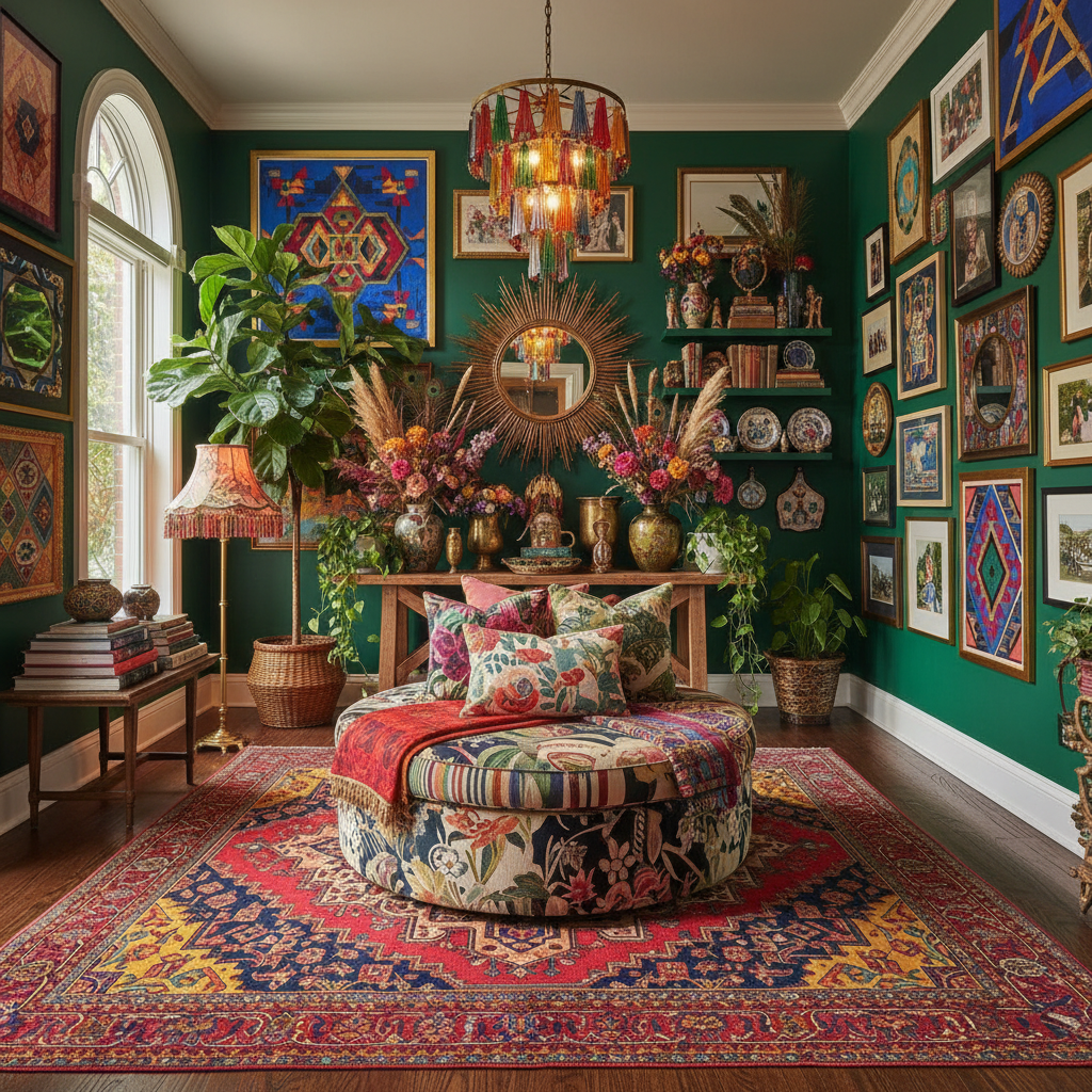 A vibrant, maximalist entryway featuring eclectic decor, bold colors, and layered textures.