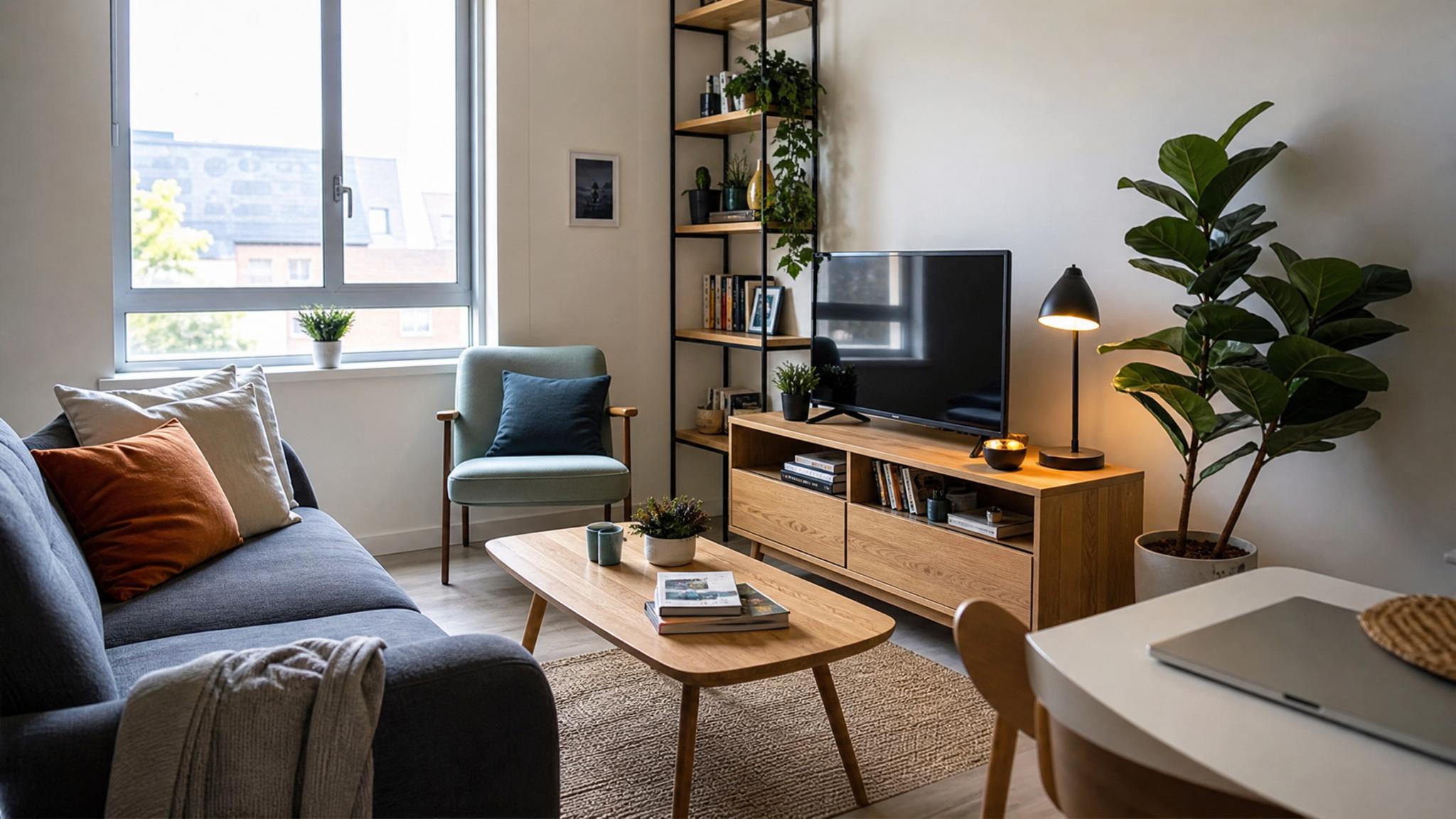 Modern small living room setup in a student apartment, showcasing a cozy atmosphere.