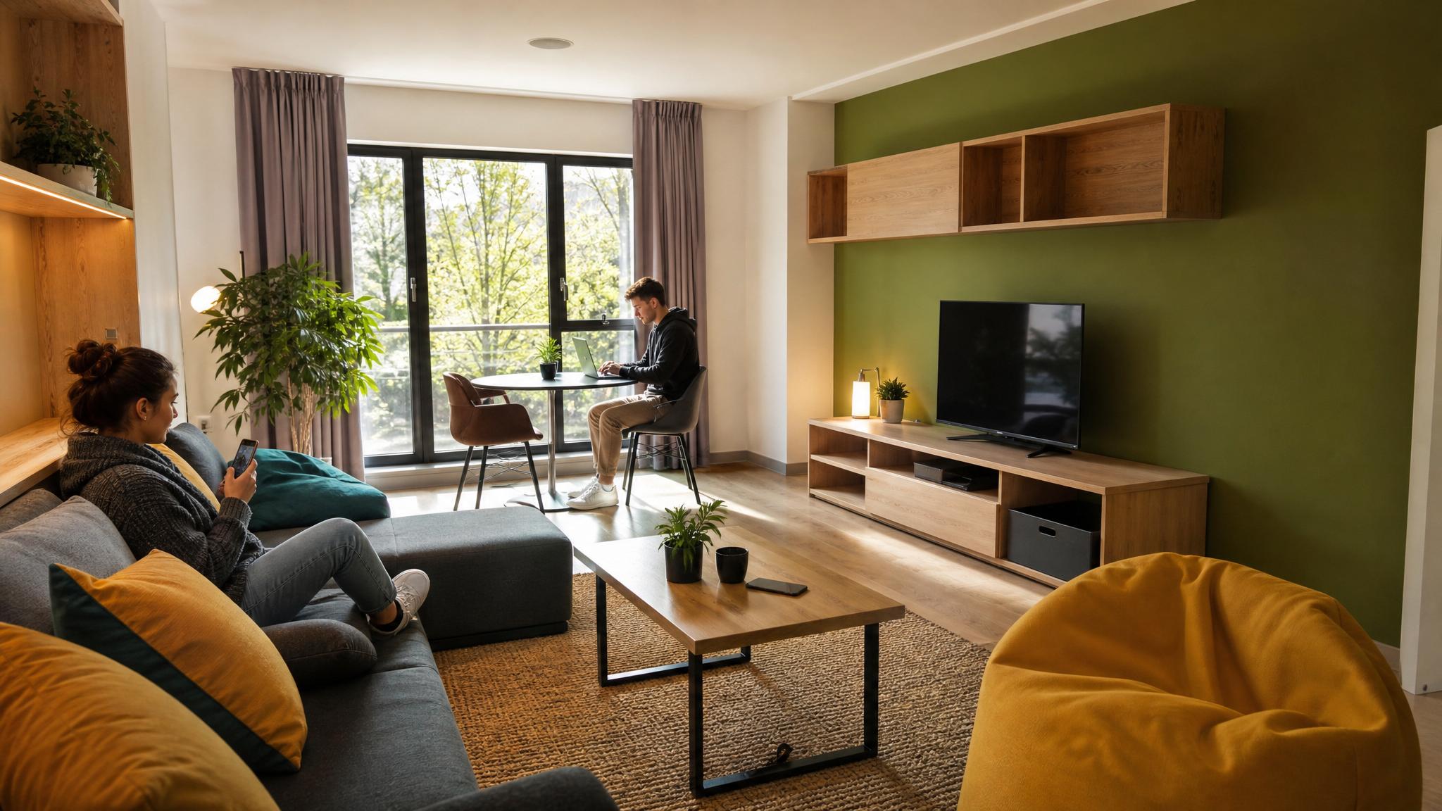A cozy student living room with multifunctional furniture and a vibrant color scheme.