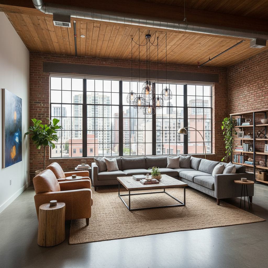 A stylish urban loft living room showcasing industrial design elements.