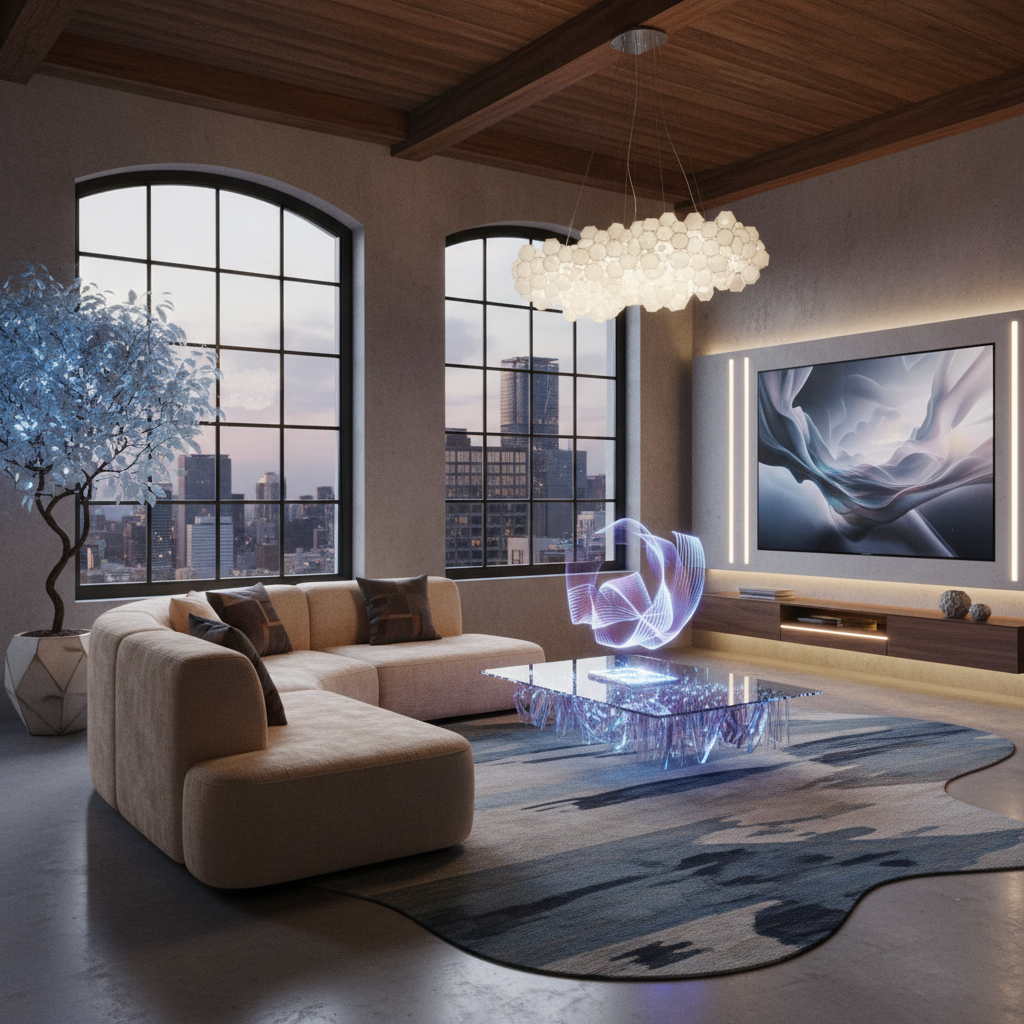A digital rendering of a small urban loft living room with AI-generated design elements.