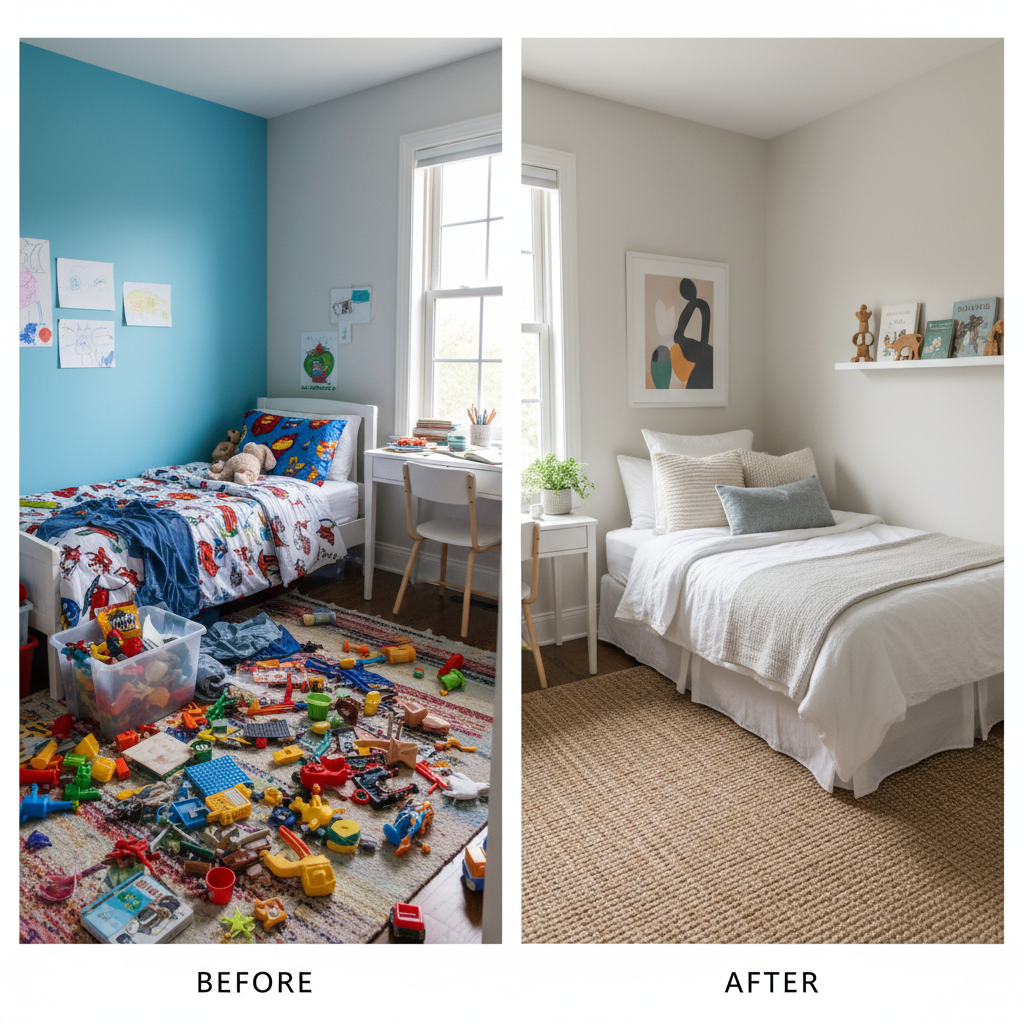 Before and after staging a kids' bedroom, highlighting clutter removal and neutral decor.