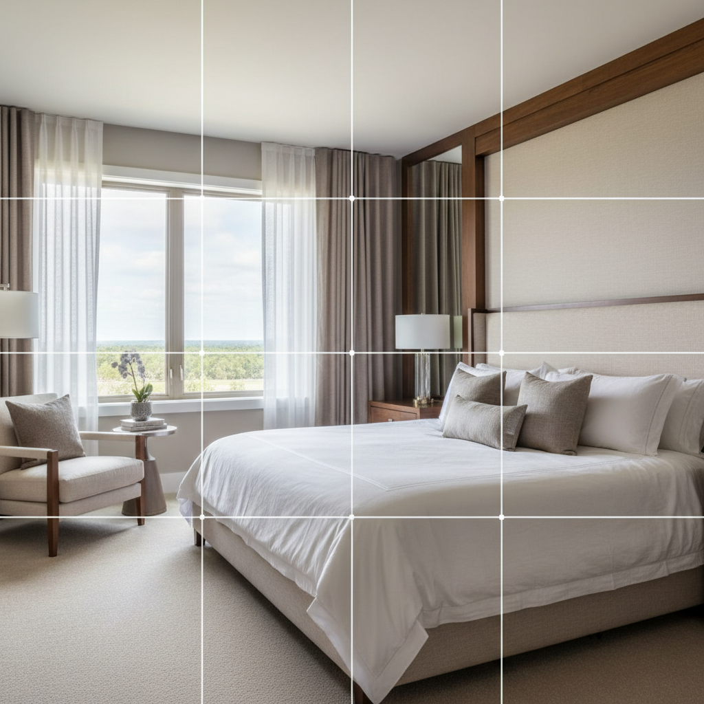 A diagram demonstrating the rule of thirds applied to a bedroom photo composition.