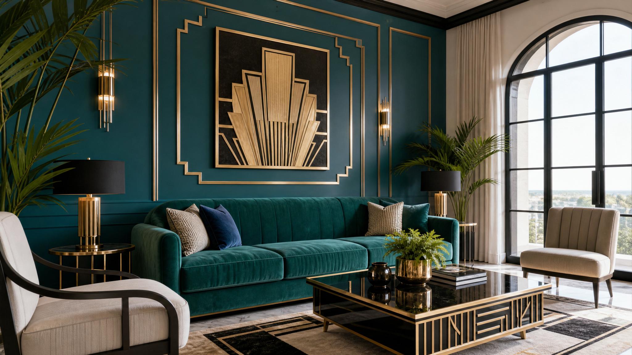 Image showcasing typical art deco elements like geometric patterns and bold colors.