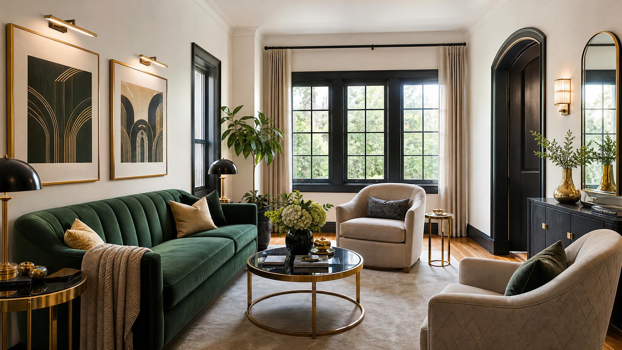 After image of the transformed small living room with Art Deco elements.