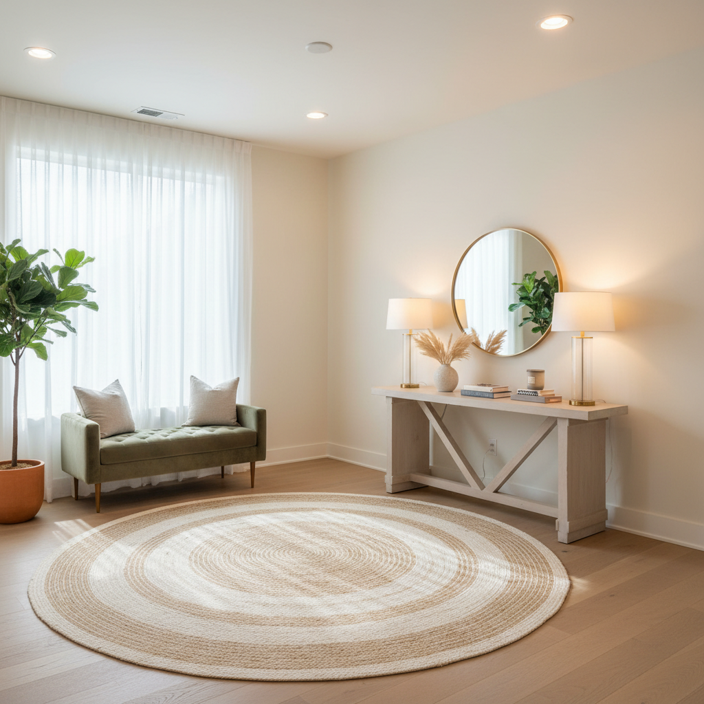 A well-lit entryway emphasizing the use of natural light and soft lamps.