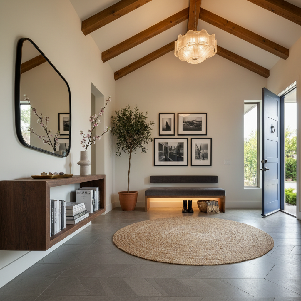 A stunning entryway photo showcasing a well-organized space from a unique angle.