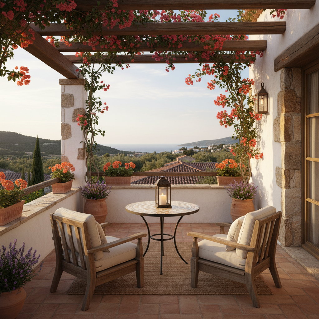 Mediterranean balcony with flowers and rustic furniture.