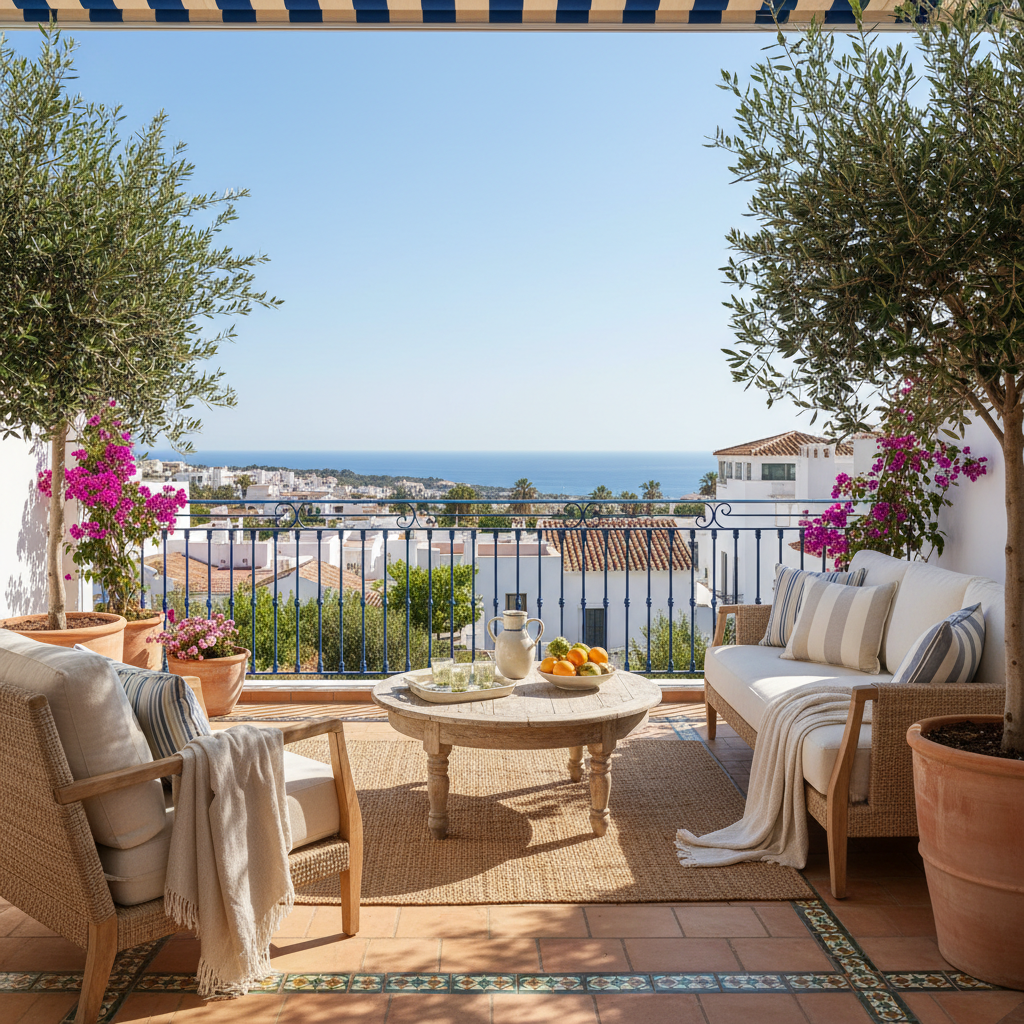 AI-generated image of a Mediterranean balcony setup.