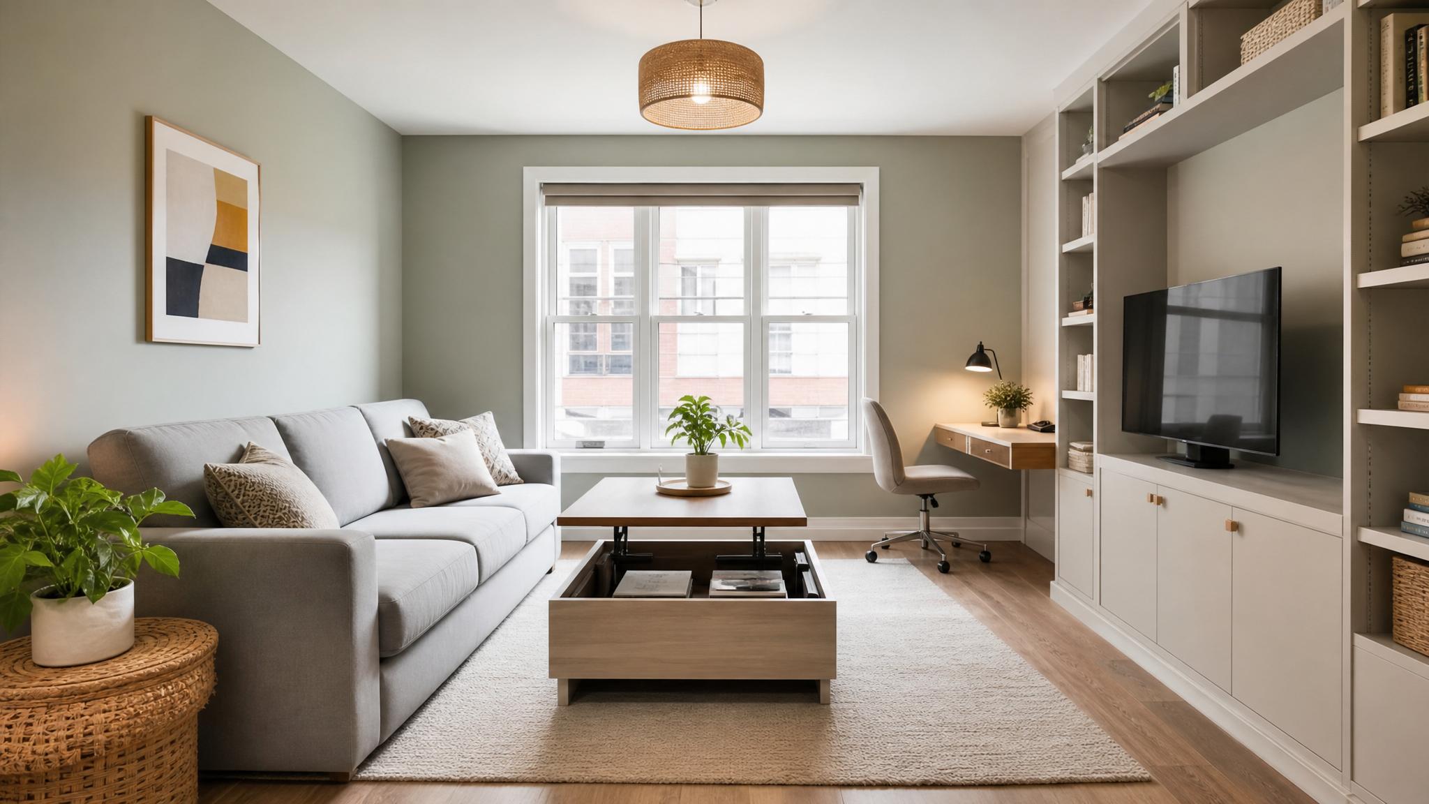 A small clutter-free living room with multifunctional furniture