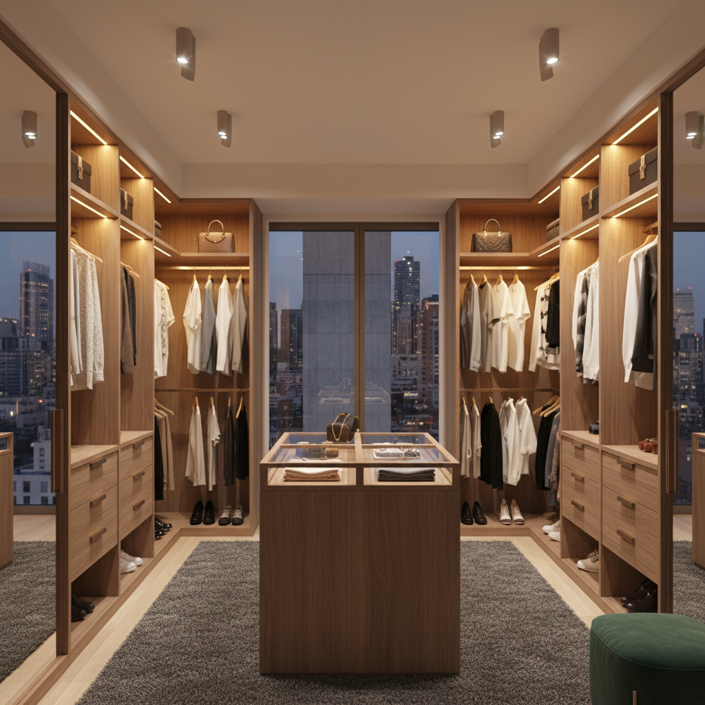 Stylish closet lighting and color schemes in an urban setting