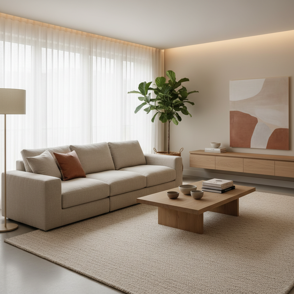 Image of a warm minimalist living room with neutral colors and natural textures.