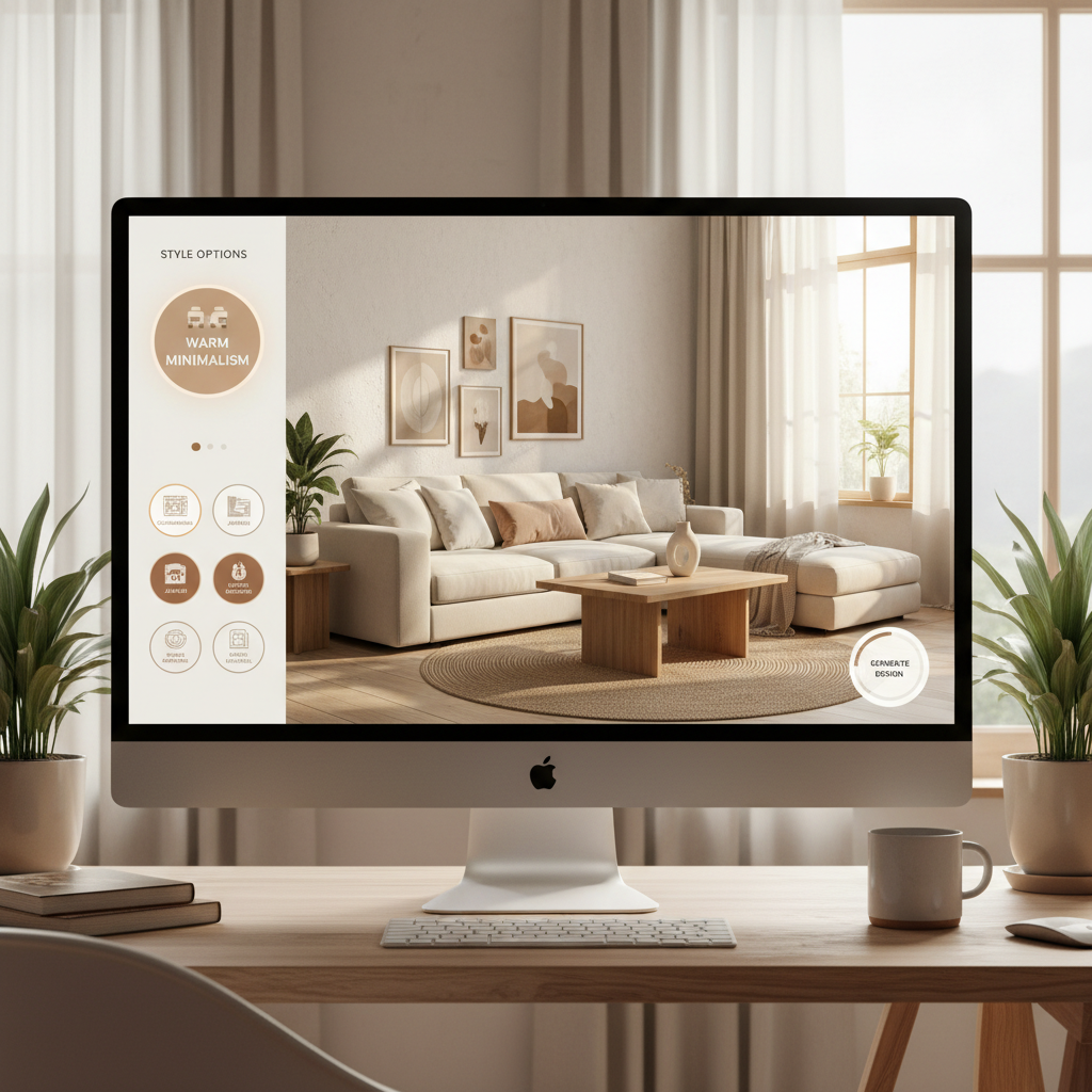 Illustration of AI design tool interface with warm minimalism options.