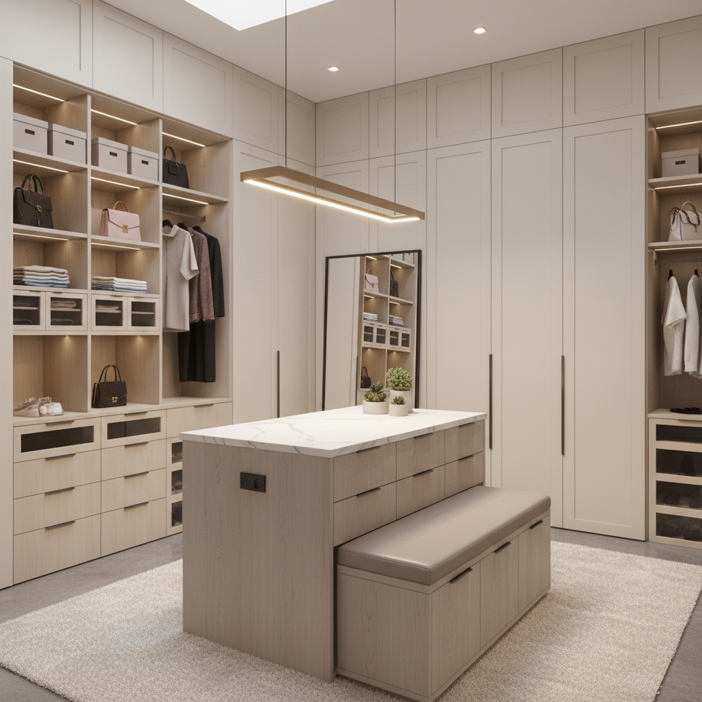 Minimalist walk-in closet featuring neutral colors and smart organization.